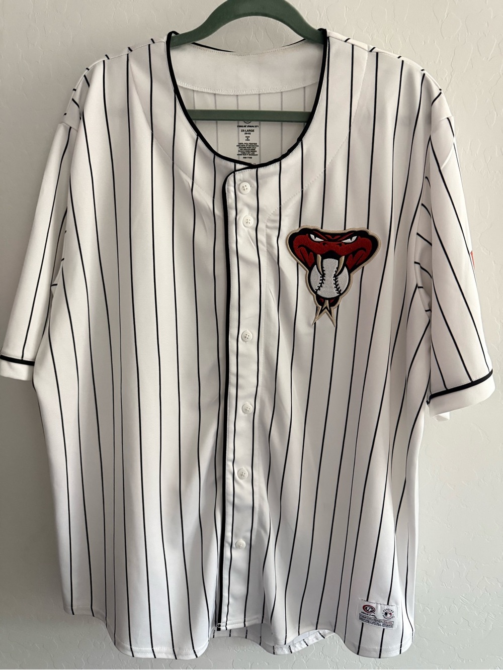 White Pinstripe Women's Baseball Jersey with Red Snake Patch